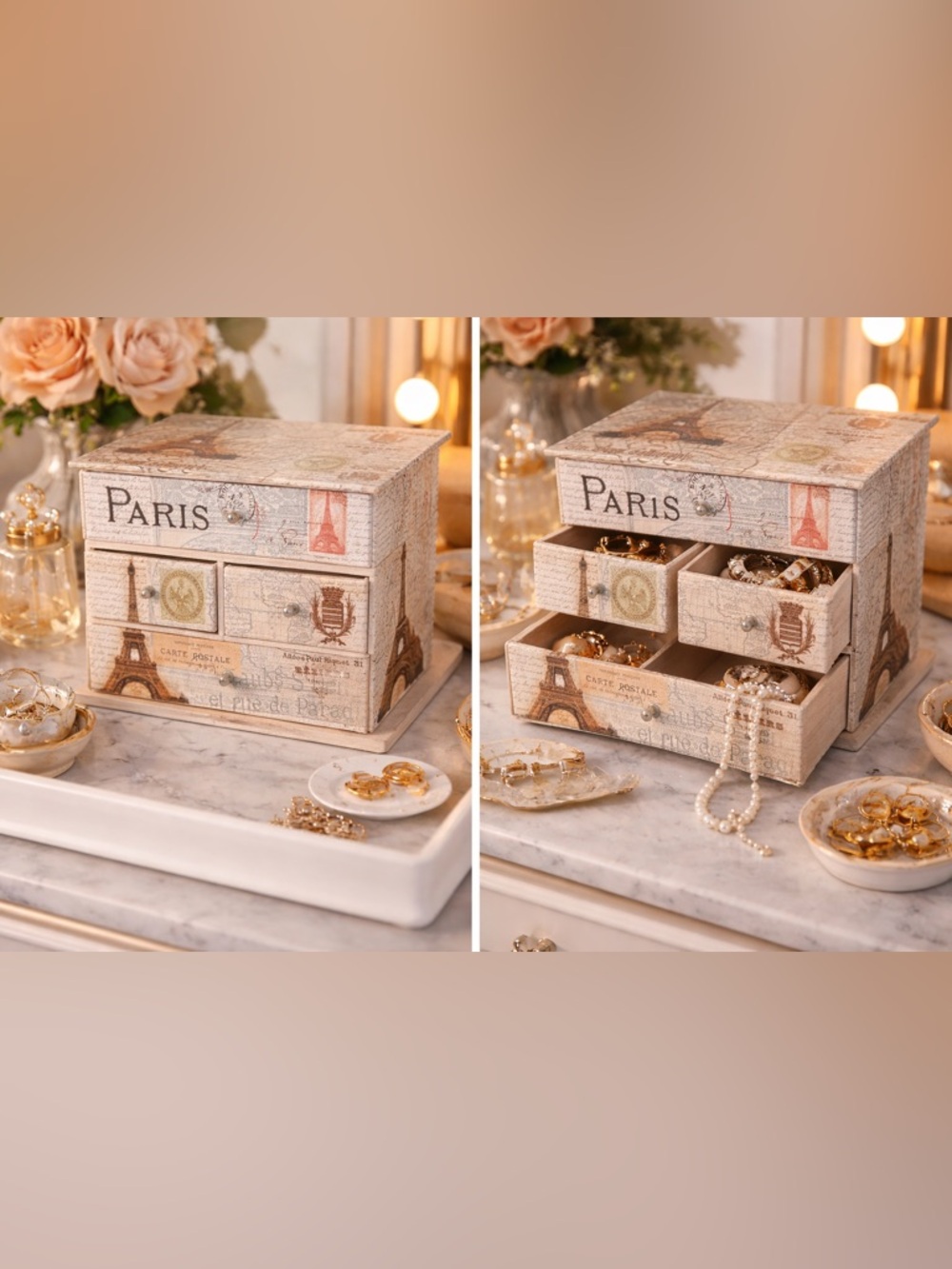 Paris Jewelry Box Organizer Vintage Style Trinket Storage Eiffel Tower Decor
